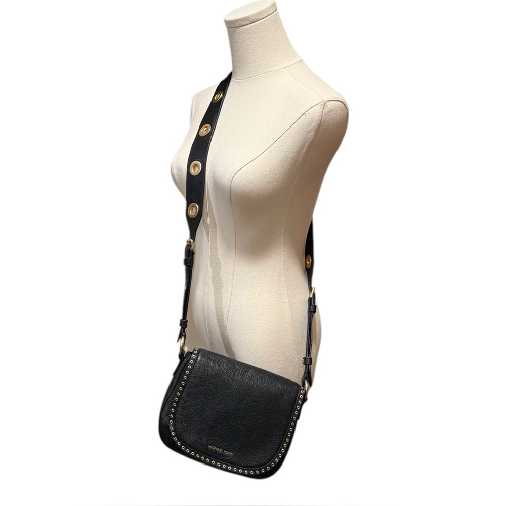 Michael Kors Brooklyn Black Gold Grommet Saddlebag Crossbody Purse Small - Picture 4 of 16
